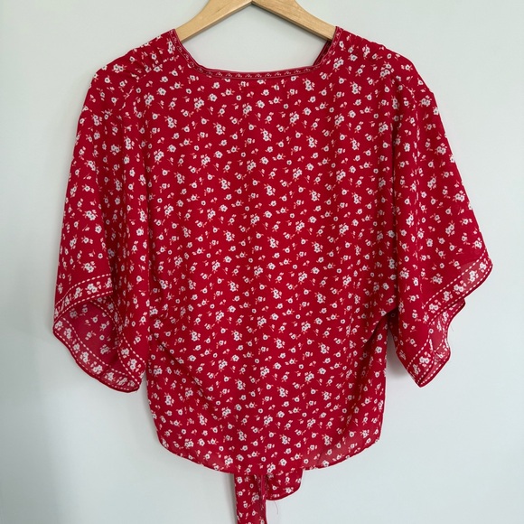 Max Studio Red Floral Tie Waist Angel Sleeve Kimono Style Blouse Size Large - Picture 2 of 11